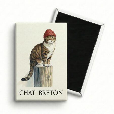 Magnet frigo souvenir Saint-Malo illustration chat breton tigré avec un bonnet rouge marin style Cousteau perché sur un poteau en bois.