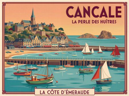 Illustration style affiche de voyage rétro du port de Cancale au coucher du soleil. Vue sur la ville, l'église, la mer turquoise avec des bateaux de pêche et le texte "Cancale La Perle des Huîtres".