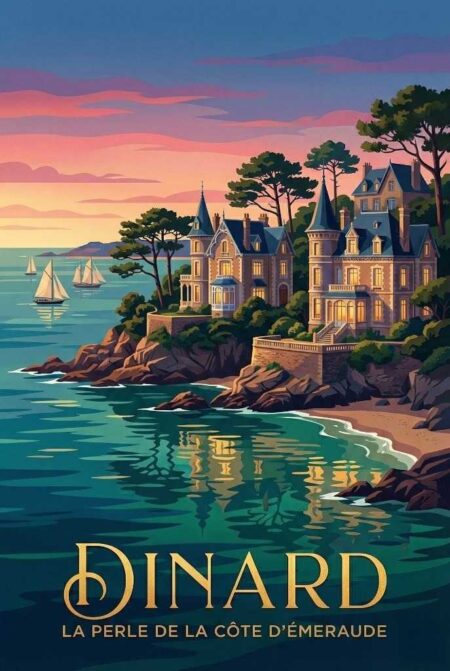 Illustration style affiche de voyage rétro représentant Dinard au crépuscule. On voit des villas Belle Époque sur la falaise, des pins, des voiliers au loin et le reflet des lumières dans une mer émeraude. Texte : "Dinard La Perle de la Côte d'Émeraude".