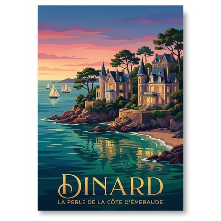 Illustration style affiche de voyage rétro représentant Dinard au crépuscule. On voit des villas Belle Époque sur la falaise, des pins, des voiliers au loin et le reflet des lumières dans une mer émeraude. Texte : "Dinard La Perle de la Côte d'Émeraude".