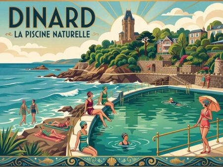 Affiche illustration style vintage de Dinard représentant la piscine naturelle d'eau de mer, des baigneurs en maillots années 20 et une villa bretonne en arrière-plan.