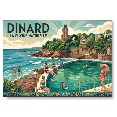 Affiche illustration style vintage de Dinard représentant la piscine naturelle d'eau de mer, des baigneurs en maillots années 20 et une villa bretonne en arrière-plan.