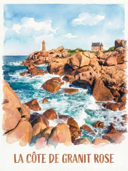 Illustration aquarelle de la Côte de Granit Rose en Bretagne. Au premier plan, des rochers de granit orange et rose bordent une mer agitée bleue turquoise et blanche. En arrière-plan, le phare de Ploumanac'h et une maison sur la falaise sous un ciel bleu nuageux. Texte en bas : "LA CÔTE DE GRANIT ROSE".