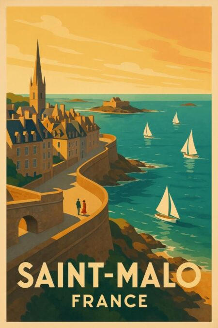 Illustration style affiche rétro représentant la promenade des remparts de Saint-Malo le soir. Lumière orange du coucher de soleil sur les bâtiments, mer bleue avec voiliers, et un couple qui marche.