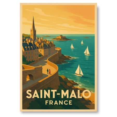 Illustration style affiche rétro représentant la promenade des remparts de Saint-Malo le soir. Lumière orange du coucher de soleil sur les bâtiments, mer bleue avec voiliers, et un couple qui marche.