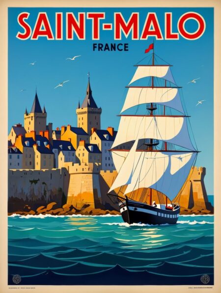 Illustration style affiche de voyage rétro. Un grand voilier trois-mâts navigue toutes voiles dehors sur une mer agitée. En arrière-plan, les remparts et la ville de Saint-Malo sous un ciel bleu avec des mouettes. Titre "SAINT-MALO FRANCE" en rouge.