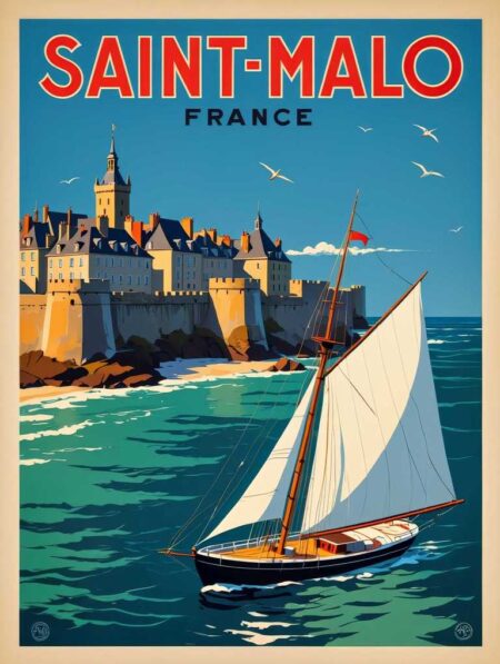 Affiche vintage voilier Saint-Malo montrant un bateau blanc devant les remparts de la ville et une mer turquoise.