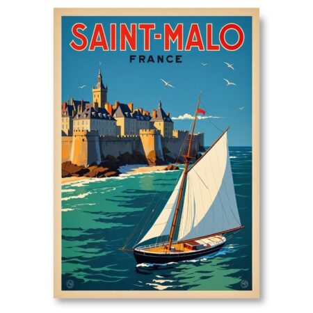 Affiche vintage voilier Saint-Malo montrant un bateau blanc devant les remparts de la ville et une mer turquoise.