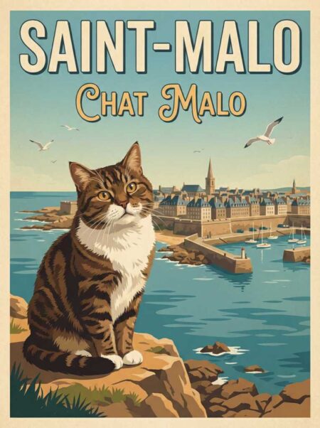 Illustration style poster de voyage vintage rétro. Un chat tigré est assis sur des rochers au premier plan. En arrière-plan, la ville de Saint-Malo, la mer bleue et le texte "SAINT-MALO Chat Malo" en typographie ancienne.