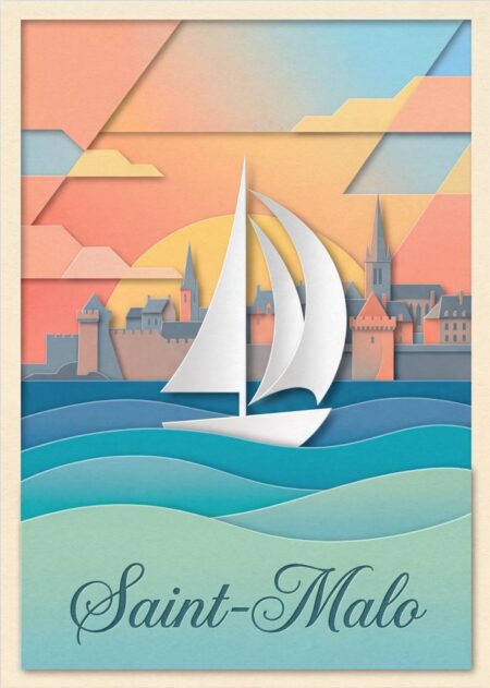 Affiche Saint-Malo Pastel : Affiche graphique de Saint-Malo style papier découpé avec un voilier blanc et un ciel aux couleurs pastel rose et bleu.