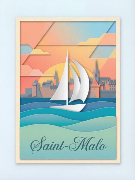 Affiche Saint-Malo Pastel : Affiche graphique de Saint-Malo style papier découpé avec un voilier blanc et un ciel aux couleurs pastel rose et bleu.