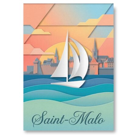 Affiche Saint-Malo Pastel : Affiche graphique de Saint-Malo style papier découpé avec un voilier blanc et un ciel aux couleurs pastel rose et bleu.