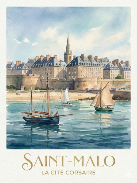 Illustration style aquarelle de Saint-Malo vue depuis la mer. Au premier plan, des voiliers traditionnels naviguent sur une eau calme bleue. En arrière-plan, les remparts de la ville fortifiée, les bâtiments en pierre et le clocher de la cathédrale sous un ciel bleu nuageux. Texte "SAINT-MALO - LA CITÉ CORSAIRE" en bas.
