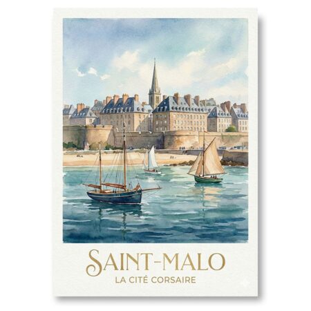 Illustration style aquarelle de Saint-Malo vue depuis la mer. Au premier plan, des voiliers traditionnels naviguent sur une eau calme bleue. En arrière-plan, les remparts de la ville fortifiée, les bâtiments en pierre et le clocher de la cathédrale sous un ciel bleu nuageux. Texte "SAINT-MALO - LA CITÉ CORSAIRE" en bas.