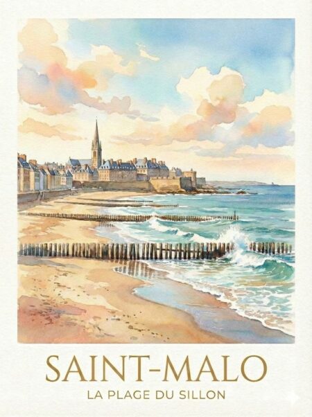 Illustration style aquarelle de la plage du Sillon à Saint-Malo. Au premier plan, les brise-lames en bois sur le sable et dans l'eau turquoise. En arrière-plan, les remparts et les toits de la ville fortifiée sous un ciel nuageux pastel. Texte "SAINT-MALO - LA PLAGE DU SILLON" en bas.