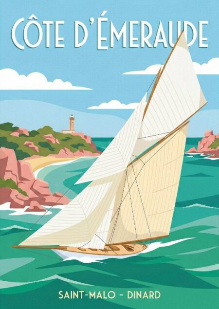 Affiche style vintage illustrant un voilier aux voiles blanches naviguant sur une mer vert émeraude. En arrière-plan, une côte rocheuse rose et un phare sous un ciel bleu. Texte en haut : "CÔTE D'ÉMERAUDE", en bas : "SAINT-MALO - DINARD".
