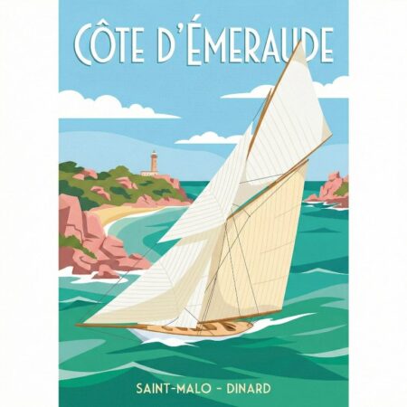 Affiche style vintage illustrant un voilier aux voiles blanches naviguant sur une mer vert émeraude. En arrière-plan, une côte rocheuse rose et un phare sous un ciel bleu. Texte en haut : "CÔTE D'ÉMERAUDE", en bas : "SAINT-MALO - DINARD".