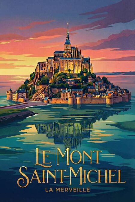Illustration graphique du Mont Saint-Michel au coucher du soleil. Le ciel est un dégradé de violet et d'orange. Le Mont et l'abbaye, illuminés de doré, se reflètent parfaitement dans l'eau bleue au premier plan. Texte doré en bas : "LE MONT SAINT-MICHEL - LA MERVEILLE".
