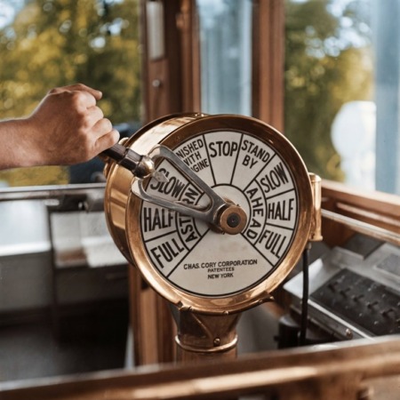 Affiche Transmetteur Ordres Bateau : photographie d'art d'un télégraphe de machine en laiton de la Chas. Cory Corp New York, manipulé par une main dans une cabine de pilotage.