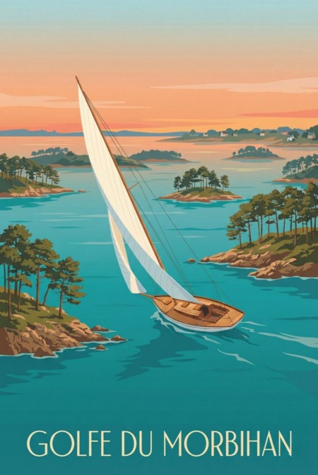 Affiche Bretagne Vintage : illustration de voyage vintage montrant un voilier classique naviguant entre les îles de la "Petite Mer" sous un ciel de coucher de soleil orange et turquoise. Texte GOLFE DU MORBIHAN en bas de l'affiche