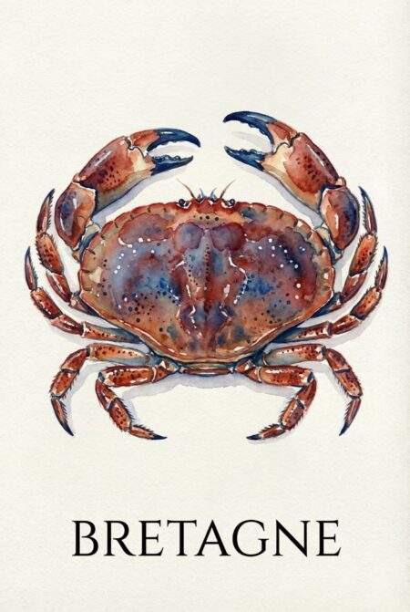 Affiche tourteau Bretagne montrant une illustration détaillée à l'aquarelle d'un crabe dormeur aux teintes ocre, brun et sienna sur un fond crème texturé avec l'inscription BRETAGNE en noir en bas