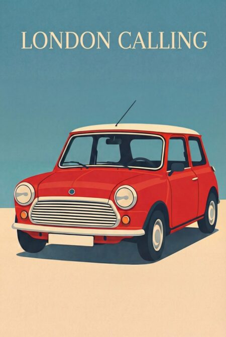 Affiche style mini rouge présentant une illustration épurée de petite citadine vintage rouge et blanche sur fond bleu ciel avec l'inscription London Calling.