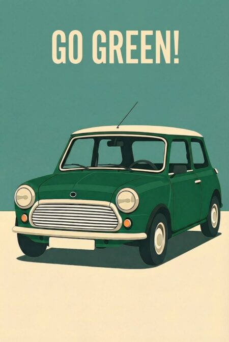 Affiche style mini verte montrant une illustration de voiture rétro vert anglais à toit crème sur fond turquoise avec le texte Go Green! en lettres capitales.