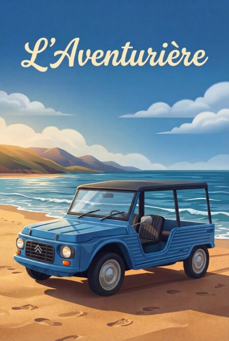 Affiche style Méhari vintage représentant une voiture de plage décapotable bleue garée sur le sable face à l'océan, avec des montagnes en arrière-plan et l'inscription L'Aventurière en haut.