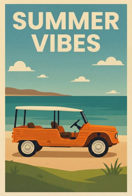 Affiche style Méhari orange montrant une voiture de plage vintage orange de profil sur le sable, face à une mer turquoise sous un ciel d'été avec l'inscription SUMMER VIBES
