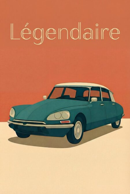 Affiche style DS vintage représentant une illustration épurée de berline française bleu-vert et blanc sur fond terracotta, avec l'inscription Légendaire en haut.