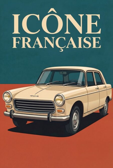 Affiche style Peugeot 404 vintage représentant une illustration de berline classique beige de trois-quarts sur un fond bicolore bleu canard et terracotta avec l'inscription Icône Française en haut.