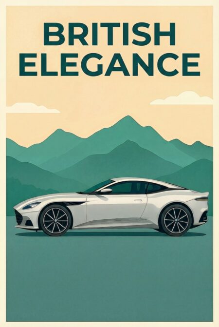 Affiche style Aston Martin montrant une voiture de sport moderne blanche de profil devant un paysage de montagnes vertes stylisées, avec l'inscription BRITISH ELEGANCE en lettres sombres.