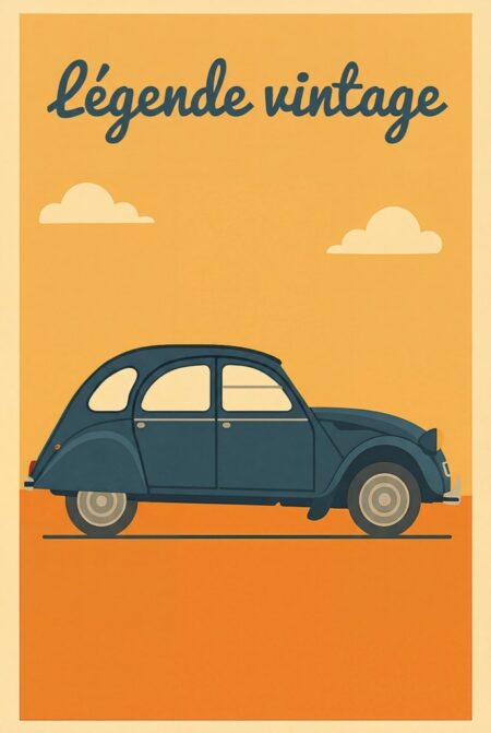 Affiche style 2CV vintage montrant une illustration de voiture classique bleue de profil sur un fond dégradé jaune et orange avec deux nuages et l'inscription Légende vintage en haut.