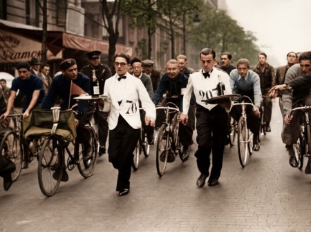 Affiche Course Garçons de Café Paris : photographie d'art colorisée de 1938 montrant deux serveurs en veste blanche courant avec des plateaux chargés au milieu de cyclistes et d'une foule dans une rue de Paris.