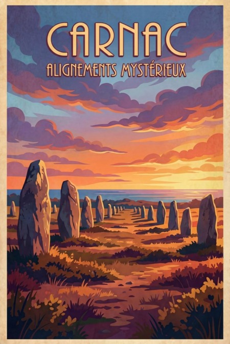 Affiche Alignements Carnac : illustration vintage des célèbres alignements de menhirs au coucher du soleil, ciel aux nuages pourpres et horizon doré, style rétro Art Déco, éditée à Saint-Malo par Fuzars.