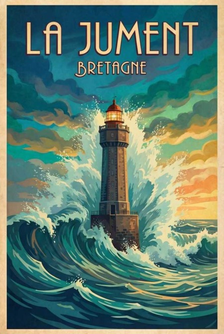 Affiche La Jument Bretagne : illustration vintage du célèbre phare d'Ouessant affrontant des vagues géantes, ciel dramatique aux couleurs turquoise et orangées, éditée à Saint-Malo par Fuzars.