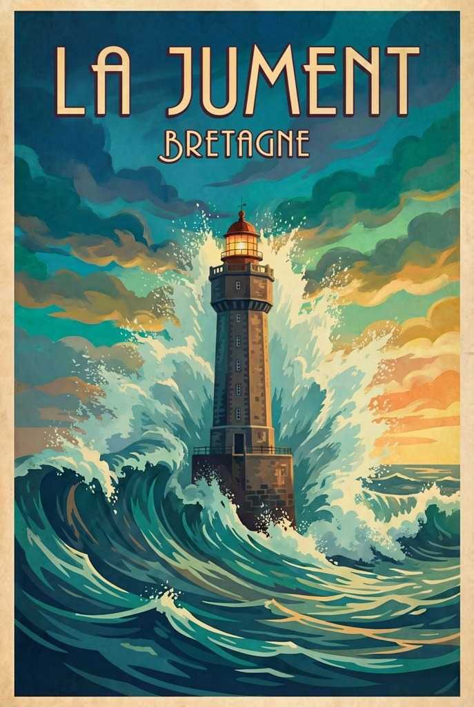 Affiche La Jument Bretagne : illustration vintage du célèbre phare d'Ouessant affrontant des vagues géantes, ciel dramatique aux couleurs turquoise et orangées, éditée à Saint-Malo par Fuzars.