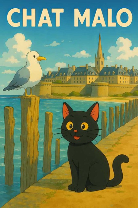 Affiche Chat Malo Bretagne : illustration ludique de style dessin animé montrant un chat noir assis sur les quais de Saint-Malo, avec une mouette sur un poteau et les remparts de la cité corsaire en arrière-plan.
