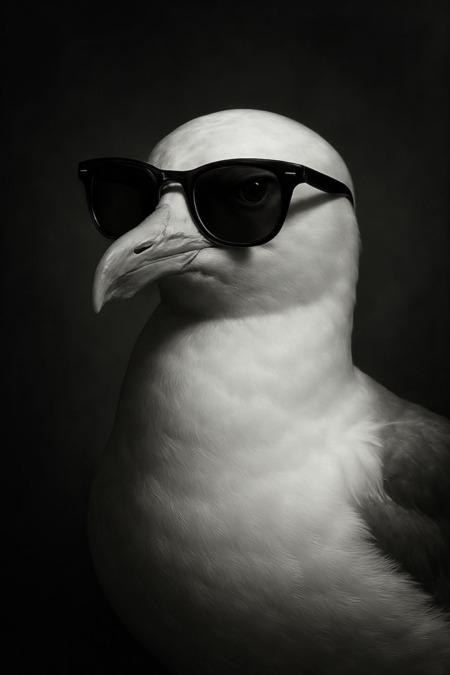 Affiche Goéland Saint-Malo : portrait artistique en noir et blanc d'un goéland malouin portant des lunettes de soleil, style studio minimaliste pour une décoration bretonne moderne.