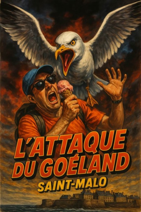 Affiche L'Attaque du Goéland Saint-Malo : illustration style film d'horreur rétro montrant un goéland géant attaquant un homme pour sa glace, avec les remparts de Saint-Malo en arrière-plan.