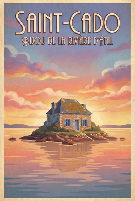Affiche Saint-Cado : illustration vintage de la célèbre maisonnette sur l'île de Nichtarguer au coucher du soleil sur la rivière d'Étel, style rétro art-déco, éditée à Saint-Malo par Fuzars.