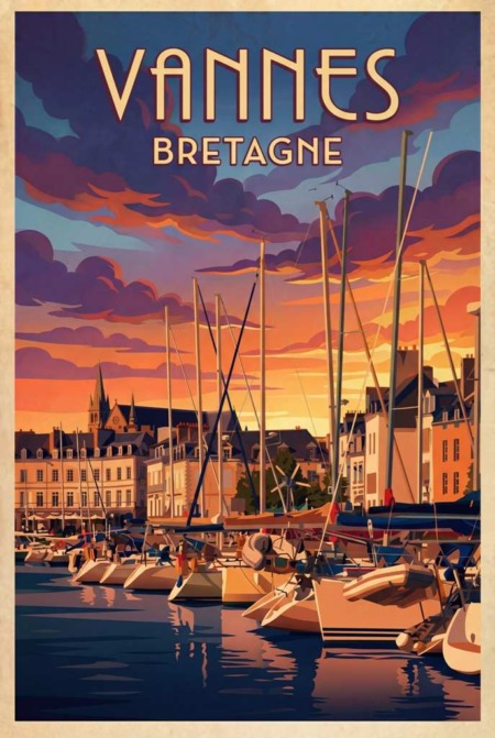 Affiche Vannes Bretagne : illustration de voyage vintage montrant le port de Vannes au soleil couchant avec des voiliers amarrés et la cathédrale Saint-Pierre en arrière-plan, style rétro art-déco, éditée à Saint-Malo.