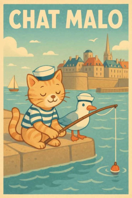Illustration style vintage d'un chat roux et d'un goéland portant des chapeaux de marins, pêchant sur un quai devant les remparts et le clocher de Saint-Malo. Inscription "CHAT MALO" en haut de l'image.