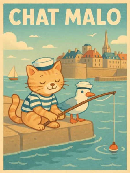 Illustration style vintage d'un chat roux et d'un goéland portant des chapeaux de marins, pêchant sur un quai devant les remparts et le clocher de Saint-Malo. Inscription "CHAT MALO" en haut de l'image.