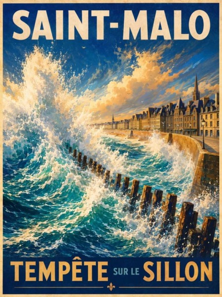 Affiche vintage représentant une tempête sur la plage du Sillon à Saint-Malo, avec de grandes vagues frappant les brise-lames, les remparts et Intra-Muros en arrière-plan.