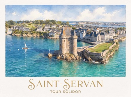 Illustration de la Tour Solidor à Saint-Servan, entourée par la mer turquoise, avec les maisons du quartier, le port et Saint-Malo en arrière-plan dans un style aquarelle lumineux.