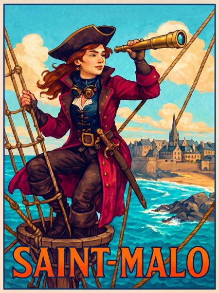Illustration colorée représentant une femme corsaire sur un navire, tenant une longue-vue et regardant l’horizon, avec la mer turquoise et la ville fortifiée de Saint-Malo en arrière-plan.