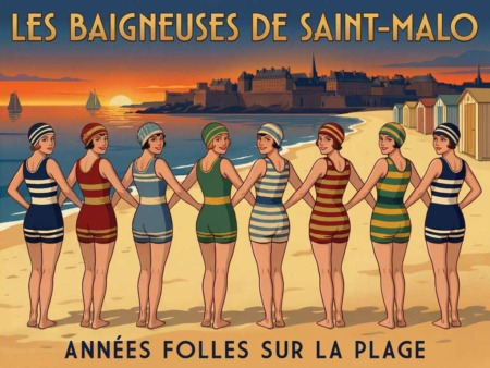 Illustration rétro représentant des baigneuses en maillots de bain rayés sur une plage de Saint-Malo au coucher du soleil, avec les remparts, la mer, des voiliers et des cabines de plage en arrière-plan.