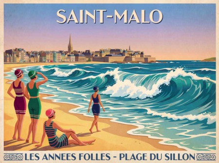 Illustration rétro représentant des baigneuses en maillots vintage sur la plage du Sillon à Saint-Malo, face aux vagues, avec les remparts et la ville en arrière-plan.