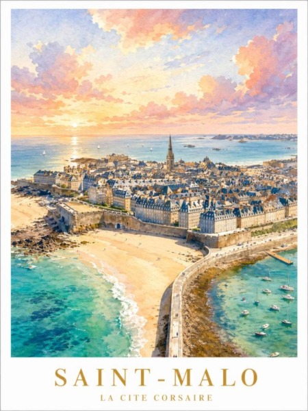 Illustration aérienne de Saint-Malo avec la Cité Corsaire vue du ciel, ses remparts, la plage, les bateaux, la cathédrale et la mer turquoise autour d’Intra-Muros.